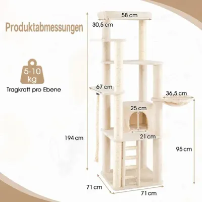 194 cm Škrabadlo pro kočky Moderní škrabadlo se sisalovými sloupky Vícepatrové škrabadlo pro kočky Béžové