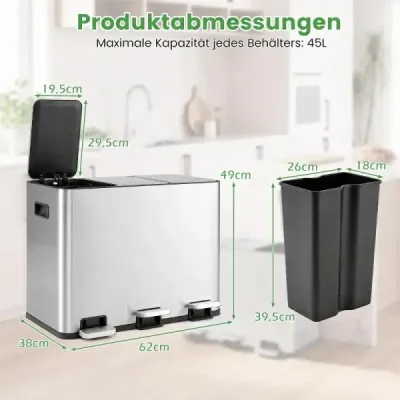 Kuchyňský odpadkový koš 45 l z nerezové oceli, na kterém nezůstávají otisky prstů, s 3 pedály