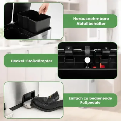 Kuchyňský odpadkový koš 45 l z nerezové oceli, na kterém nezůstávají otisky prstů, s 3 pedály
