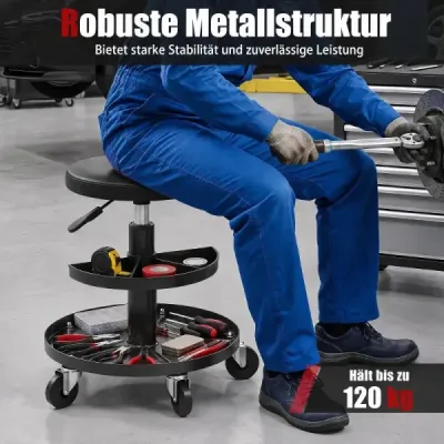 Dílenská stolička – otočná stolička na kolečkách, výška nastavitelná 42–56 cm, dílenská stolička se 2 odkládacími plochami na nářadí, černá