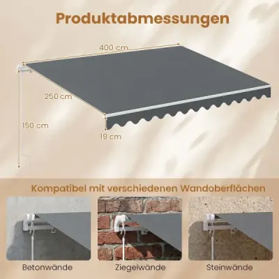 Markýza s klikou, balkonová markýza s ochranou proti slunci, kloubová markýza 400 x 250 cm, šedá