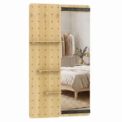 Nástěnné zrcadlo na celé tělo s perforovanou stěnou nástěnné zrcadlo se 3 odkládacími plochami a 3 háčky, 80 x 14 x 140 cm