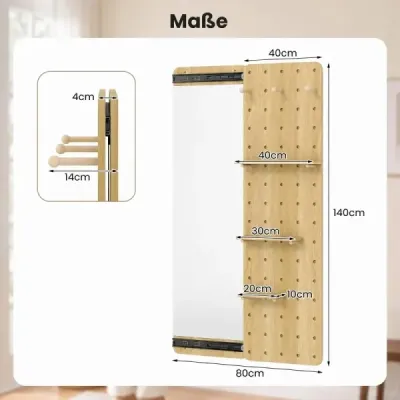 Nástěnné zrcadlo na celé tělo s perforovanou stěnou nástěnné zrcadlo se 3 odkládacími plochami a 3 háčky, 80 x 14 x 140 cm