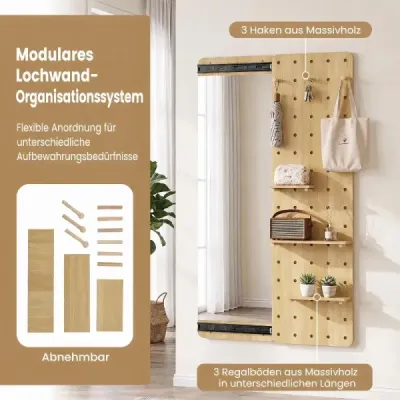 Nástěnné zrcadlo na celé tělo s perforovanou stěnou nástěnné zrcadlo se 3 odkládacími plochami a 3 háčky, 80 x 14 x 140 cm