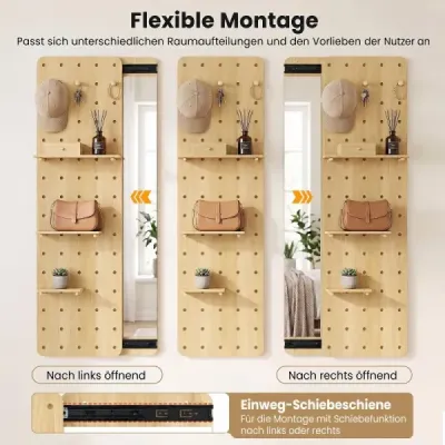 Nástěnné zrcadlo na celé tělo s perforovanou stěnou nástěnné zrcadlo se 3 odkládacími plochami a 3 háčky, 80 x 14 x 140 cm