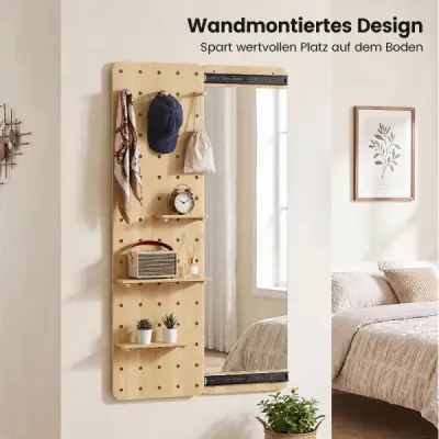 Nástěnné zrcadlo na celé tělo s perforovanou stěnou nástěnné zrcadlo se 3 odkládacími plochami a 3 háčky, 80 x 14 x 140 cm