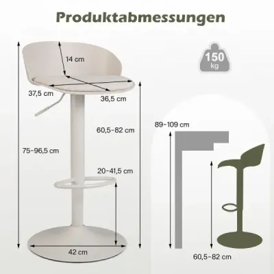Sada 2 barových židlí, otočné o 360°, s nastavitelnou výškou, nosnost 150 kg, rozměry 42 x 42 x 75–96,5 cm, béžové