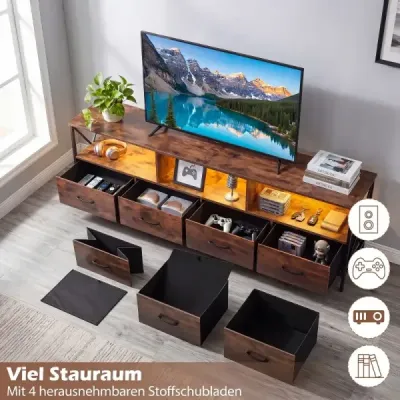 Skříňka pod televizi s LED osvětlením, 3 otevřenými přihrádkami a 4 skládacími látkovými zásuvkami, v rustikální hnědé barvě