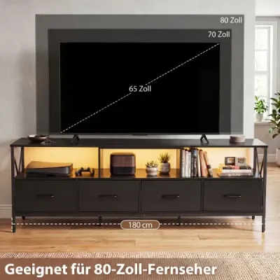 Televizní skříňka s LED osvětlením, 3 otevřenými přihrádkami a 4 skládacími látkovými zásuvkami, černá