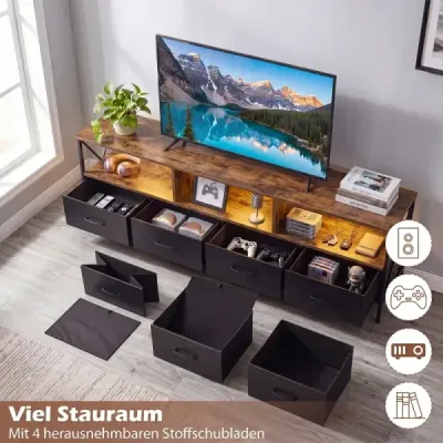 Televizní skříňka s LED osvětlením, 3 otevřenými přihrádkami a 4 skládacími látkovými zásuvkami, černá