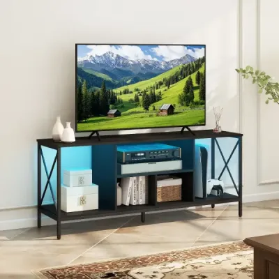 150 cm televizní skříňka s LED osvětlením pro televizory do 65 palců, televizní stolek, černá