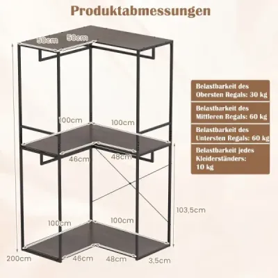 Dřevěný věšák ve tvaru L, 3 police, 4 tyče, 100 × 100 × 200 cm, šedý + černý