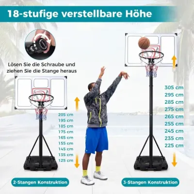 Přenosný basketbalový stojan s výškově nastavitelným košem (125–305 cm) a nerozbitnou deskou o délce 109 cm