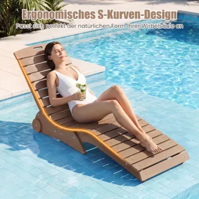 Lehátko z HDPE, ergonomické zahradní lehátko ve tvaru S, plážové lehátko odolné proti povětrnostním vlivům s kolečky, hnědé