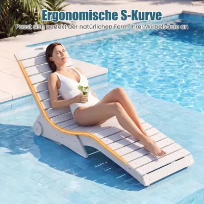 Sada 2 lehátek z HDPE, ergonomická zahradní lehátka ve tvaru S, plážová lehátka odolná vůči povětrnostním vlivům s kolečky, bílá