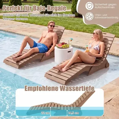 Sada 2 lehátek z HDPE, ergonomická zahradní lehátka ve tvaru S, plážová lehátka odolná vůči povětrnostním vlivům s kolečky, hnědé