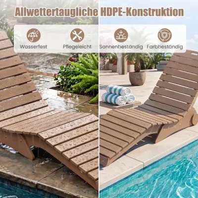 Sada 2 lehátek z HDPE, ergonomická zahradní lehátka ve tvaru S, plážová lehátka odolná vůči povětrnostním vlivům s kolečky, hnědé