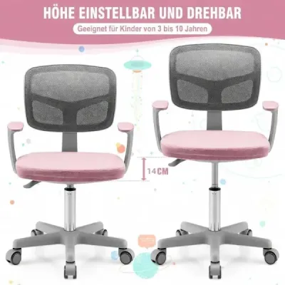 Dětská kancelářská židle – výškově nastavitelná dětská otočná židle s odnímatelným sedákem, růžová
