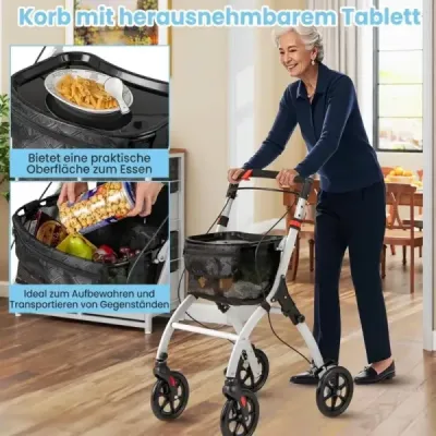 Úzký rolovací vozík s 5 polohami nastavení výšky a vaničkou a 4 koly a brzdami Pomůcka pro chůzi