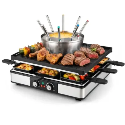 Raclette gril s funkcí fondue, elektrický gril s výkonem 2200 W pro 8 osob s nepřilnavou grilovací deskou a 8 pánvemi