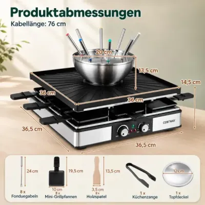 Raclette gril s funkcí fondue, elektrický gril s výkonem 2200 W pro 8 osob s nepřilnavou grilovací deskou a 8 pánvemi