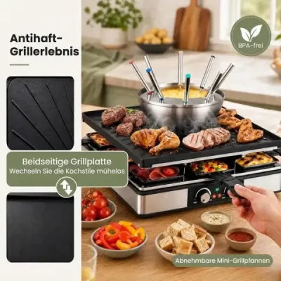 Raclette gril s funkcí fondue, elektrický gril s výkonem 2200 W pro 8 osob s nepřilnavou grilovací deskou a 8 pánvemi