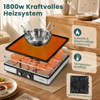 Raclette gril s funkcí fondue, elektrický gril s výkonem 2200 W pro 8 osob s nepřilnavou grilovací deskou a 8 pánvemi