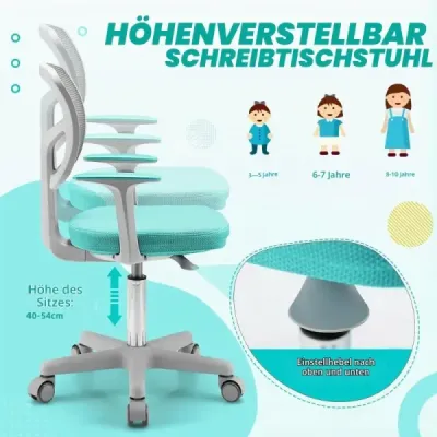 Dětská kancelářská židle – výškově nastavitelná dětská otočná židle s odnímatelným sedákem, tyrkysová
