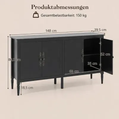 Příborník 148 cm, komoda se 4 zásuvkami, pracovní deskou a nastavitelnými policemi, 148 x 39,5 x 80,5 cm, černá
