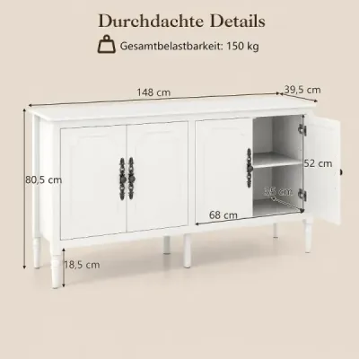 Příborník 148 cm, komoda se 4 zásuvkami, pracovní deskou a nastavitelnými policemi, 148 x 39,5 x 80,5 cm, bílá