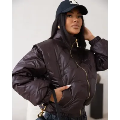 Prošívaná dámská bunda oversize sgolírem MODA113 čekoládová