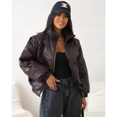 Prošívaná dámská bunda oversize sgolírem MODA113 čekoládová