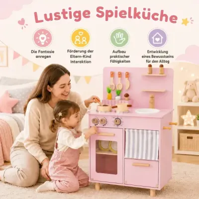 Dětská kuchyňka, kuchyňka pro panenky se sporákem, dřezem a myčkou nádobí pro děti od 3 let, růžová