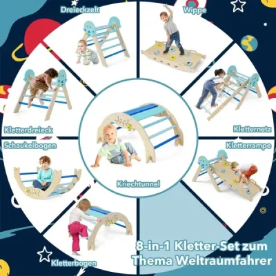 Sada prolézaček 9 v 1 Montessori s lezeckým obloukem a šplhacím lanem a žebříkem Dřevěný lezecký trojúhelník modrý