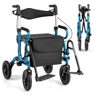Rollator s pneumatikami skládací a lehký se sedadlem 2 v 1 invalidní vozík a cestovní rollator Modrá barva