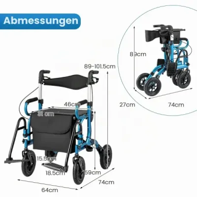 Rollator s pneumatikami skládací a lehký se sedadlem 2 v 1 invalidní vozík a cestovní rollator Modrá barva