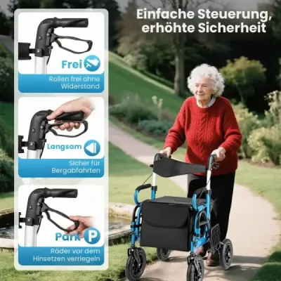 Rollator s pneumatikami skládací a lehký se sedadlem 2 v 1 invalidní vozík a cestovní rollator Modrá barva