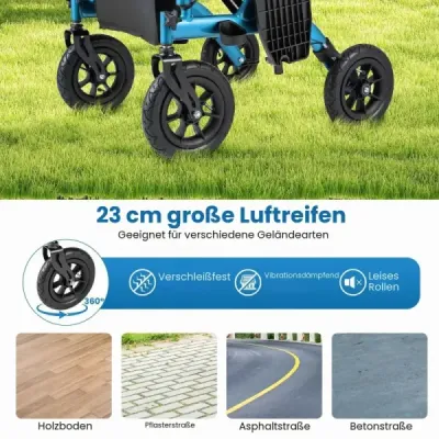 Rollator s pneumatikami skládací a lehký se sedadlem 2 v 1 invalidní vozík a cestovní rollator Modrá barva