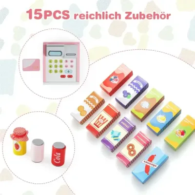 Dětská herní sada do supermarketu s pokladnou, pokladním automatem, prodejním automatem a tabulí, růžová