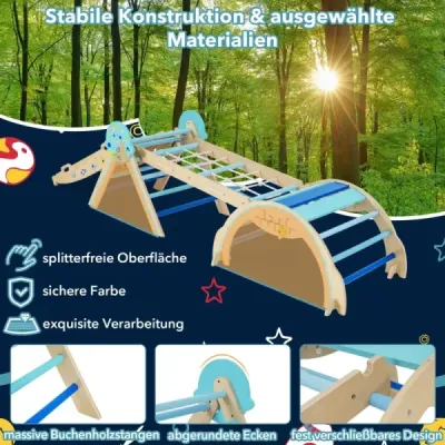 Sada prolézaček 9 v 1 Montessori s lezeckým obloukem a šplhacím lanem a žebříkem Dřevěný lezecký trojúhelník modrý