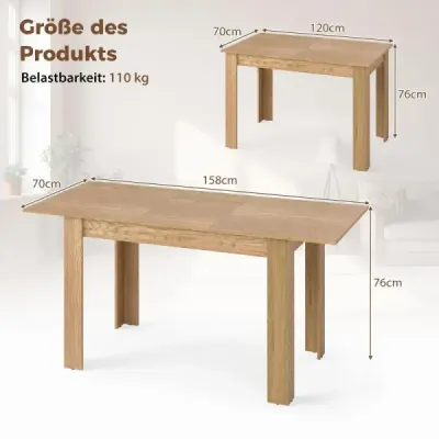 Rozkládací jídelní stůl – moderní kuchyňský stůl s nastavitelnou deskou a nohami ve tvaru L, přírodní, 158 x 70 x 76 cm