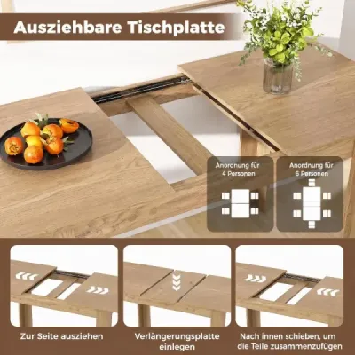 Rozkládací jídelní stůl – moderní kuchyňský stůl s nastavitelnou deskou a nohami ve tvaru L, přírodní, 158 x 70 x 76 cm