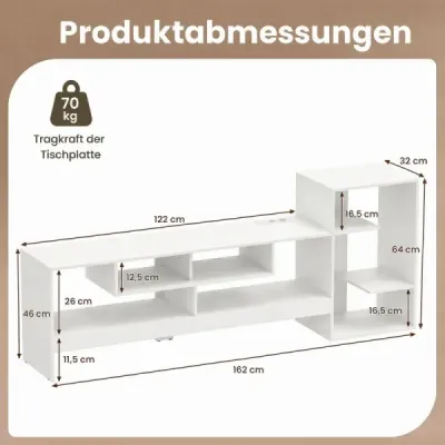 TV skříňka 162 cm pro televizory do 55 palců se zásuvkami a USB porty, bílá
