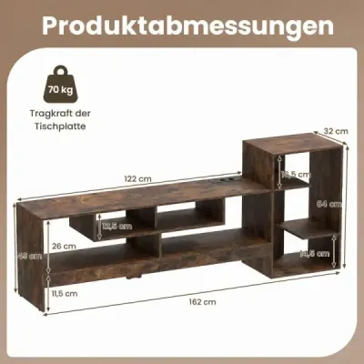 TV skříňka 162 cm, skříňka pod televizi pro televizory do 55 palců, se zásuvkami a USB porty, hnědá