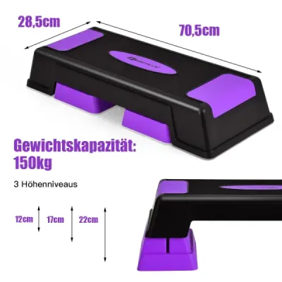 Výškově nastavitelný aerobní stepper se 3 úrovněmi 12 / 17 / 22 cm, fitness stepper, fialový