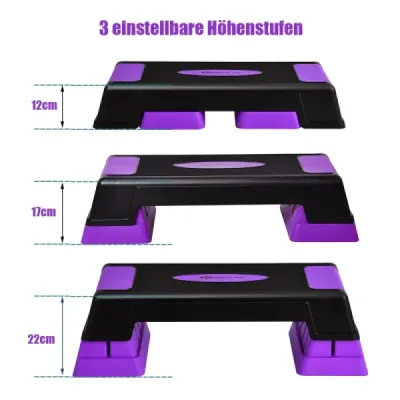 Výškově nastavitelný aerobní stepper se 3 úrovněmi 12 / 17 / 22 cm, fitness stepper, fialový