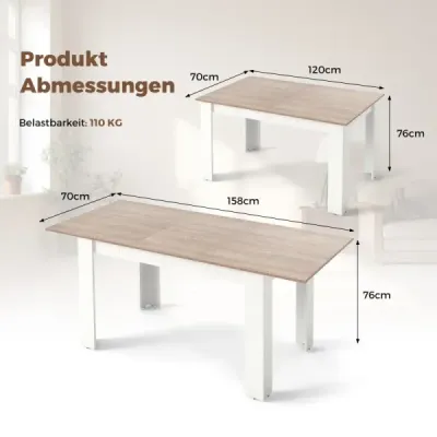 Rozkládací jídelní stůl Moderní kuchyňský stůl s nastavitelnou deskou a nohami ve tvaru L Bílý 158 x 70 x 76 cm