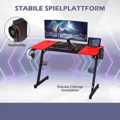 Herní stůl ve tvaru písmene Z Počítačový stůl PC stůl s držákem na sklenice Háček na sluchátka a stojan na reproduktory Stůl černý/červený