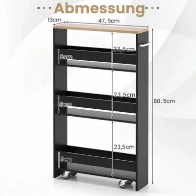 4 patrová výklenková police na dřevěných kolečkách s rukojetí kuchyňský vozík 48 x 13 x 81 cm černá + přírodní