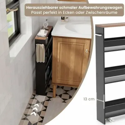 4 patrová výklenková police na dřevěných kolečkách s rukojetí kuchyňský vozík 48 x 13 x 81 cm černá + hnědá